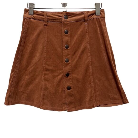 Y2K Mossimo Camel Faux Suede Button A Line Mini Skirt Size 2 Small Festival Boho - Picture 2 of 9